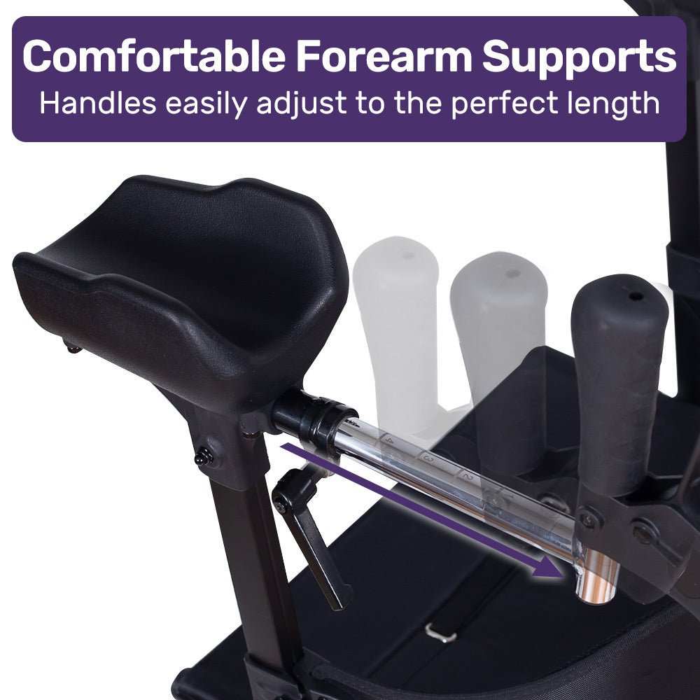 Blue EQUIPMED Upright Rollator Walker with forearm support, seat, and adjustable armrests