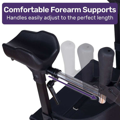 Blue EQUIPMED Upright Rollator Walker with forearm support, seat, and adjustable armrests