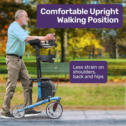 Blue EQUIPMED upright rollator walker with forearm supports, seat, and aluminium frame for mobility aid