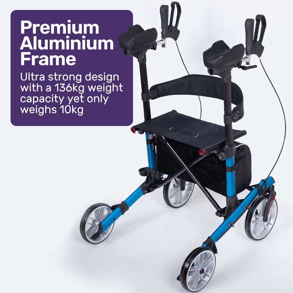 Blue EQUIPMED Upright Rollator Walker with forearm supports, seat, and adjustable armrests for mobility aid