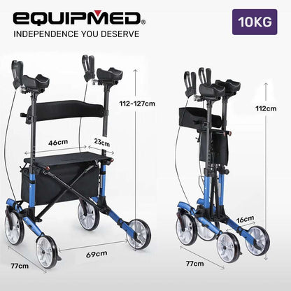 Blue EQUIPMED Upright Rollator Walker with forearm supports, seat, and lightweight aluminium frame