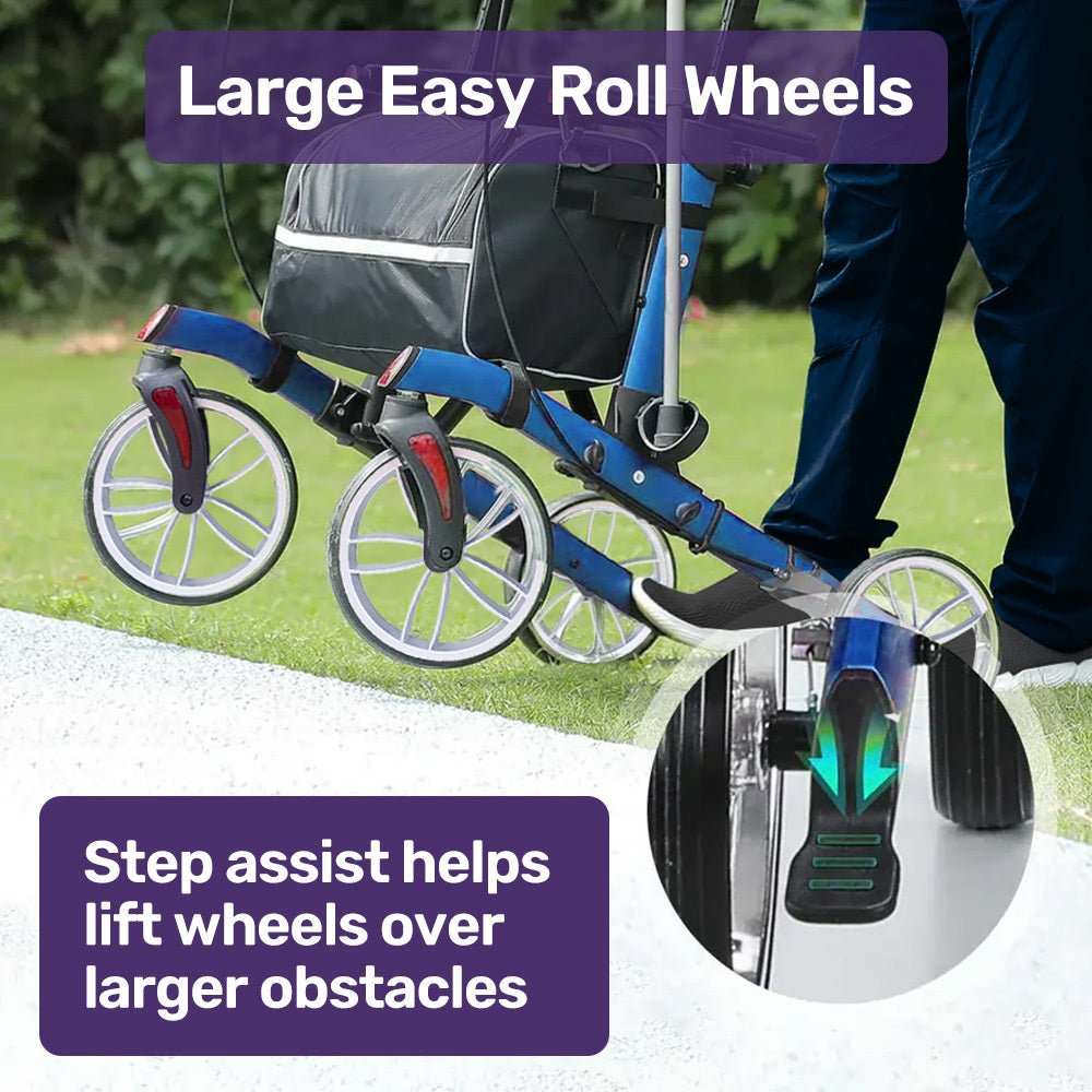 Blue EQUIPMED Upright Rollator Walker with forearm support rests and seat for mobility aid
