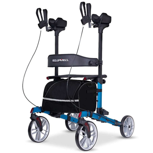 Blue EQUIPMED upright rollator walker with forearm supports, adjustable padded seat, and durable aluminium frame for mobility aid