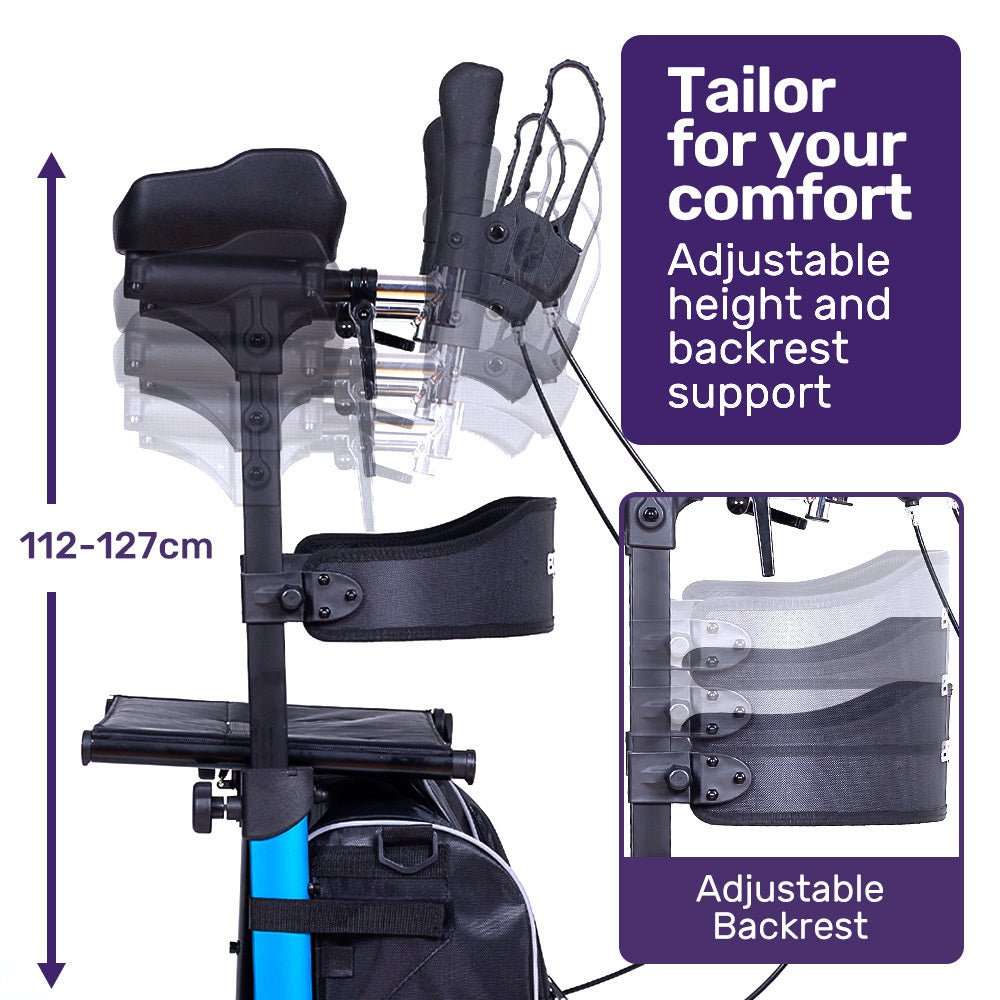 Blue EQUIPMED upright rollator walker with forearm supports, seat, and adjustable brakes for mobility aid