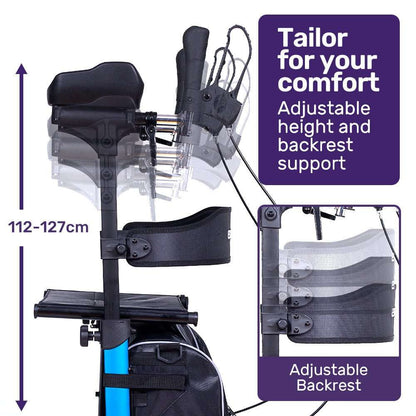 Blue EQUIPMED upright rollator walker with forearm supports, seat, and adjustable brakes for mobility aid