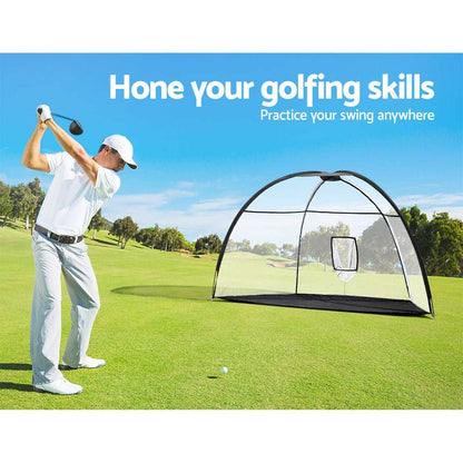 Black Everfit 3.5m portable golf practice net with large target and fiberglass frame for indoor and outdoor training