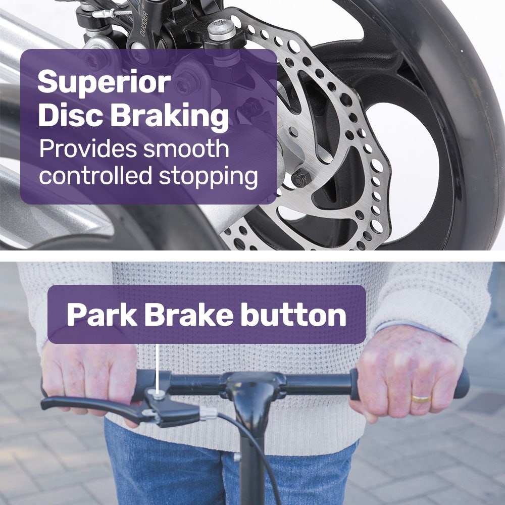 Equipmed Premium Rollator knee scooter with foldable alloy frame, adjustable handles, shock-absorbing suspension, disc brakes, and puncture-proof wheels for injury recovery