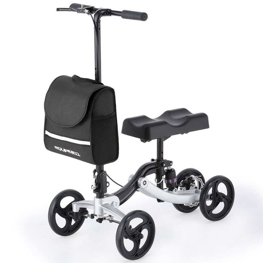 Equipmed Premium Rollator knee scooter with adjustable handles, puncture-proof wheels, and foldable lightweight alloy frame for mobility and support