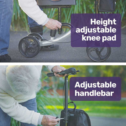Equipmed Premium Rollator with adjustable knee scooter, puncture-proof wheels, and foldable alloy frame for injury recovery