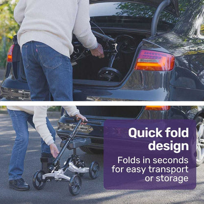 Equipmed Premium Rollator with foldable alloy frame, suspension, disc brakes, adjustable handlebar, and puncture-proof wheels for mobility and recovery.