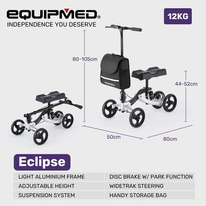 Equipmed Premium Rollator with knee scooter, adjustable handles, puncture-proof wheels, and foldable design for mobility and safety.