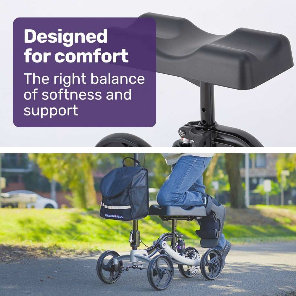 Equipmed Premium Rollator with foldable alloy frame, adjustable handlebars, knee rest, puncture-proof wheels, and carry bag for mobility support.