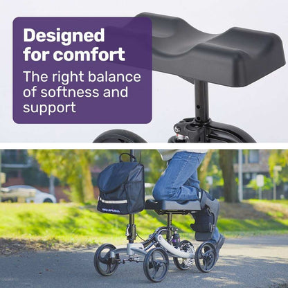 Equipmed Premium Rollator with foldable alloy frame, adjustable handlebars, knee rest, puncture-proof wheels, and carry bag for mobility support.