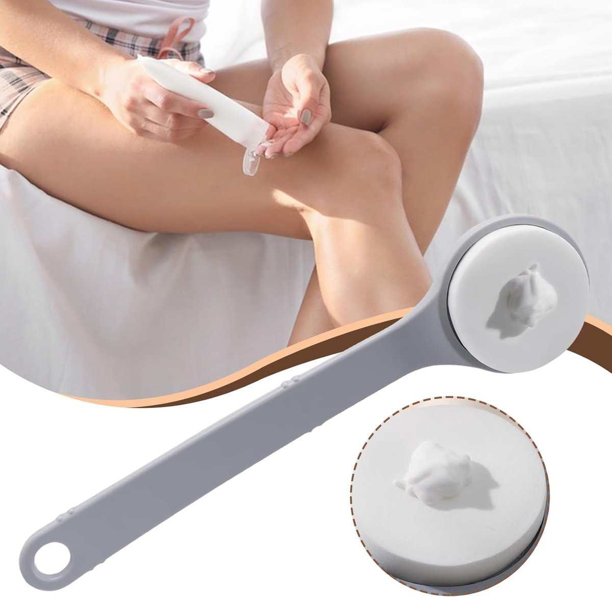 Ergonomic lotion application aid with long handle and anti-slip grip for easy back and body lotion application