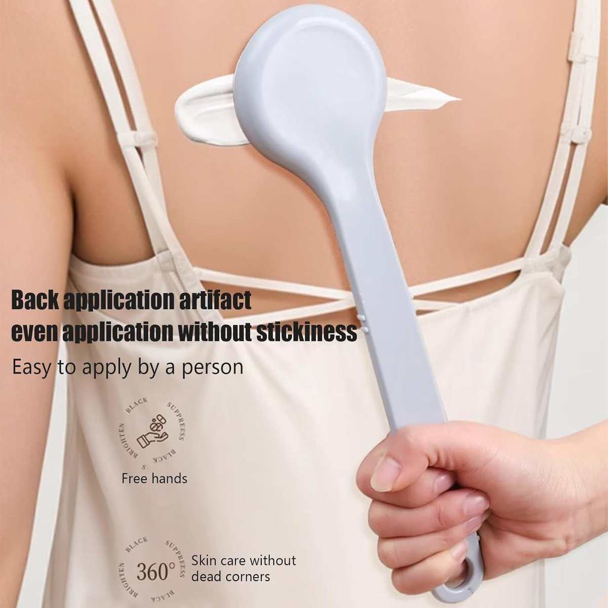 Ergonomic lotion application aid with long handle and comfortable grip for easy back and body lotion application