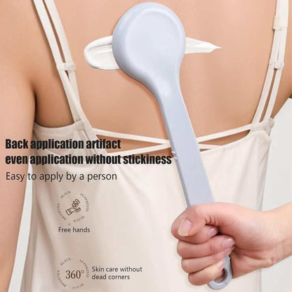 Ergonomic lotion application aid with long handle and comfortable grip for easy back and body lotion application