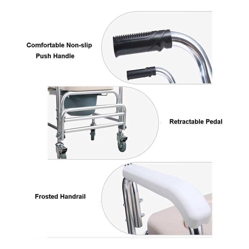 Mobile shower toilet commode chair with aluminum frame, foldable design, padded seat and backrest, 200kg capacity, and 4-inch wheels