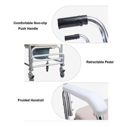 Mobile shower toilet commode chair with aluminum frame, foldable design, padded seat and backrest, 200kg capacity, and 4-inch wheels