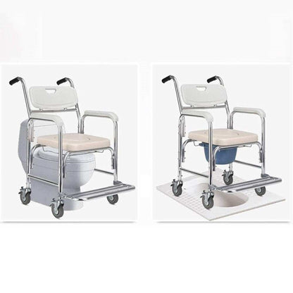 Mobile shower toilet commode chair with aluminum frame, padded seat, and wheels