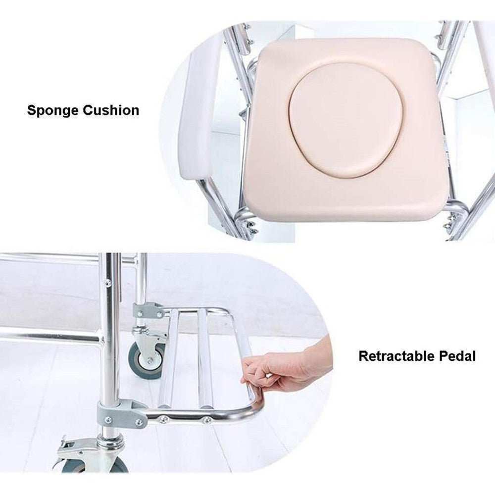 Mobile shower toilet commode chair with aluminum frame, padded seat, and wheels for transport and bedside use