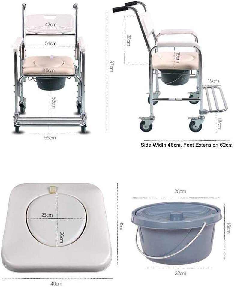 Mobile shower toilet commode chair with aluminum frame, foldable design, padded seat and backrest, 200kg capacity, and wheels for easy transport