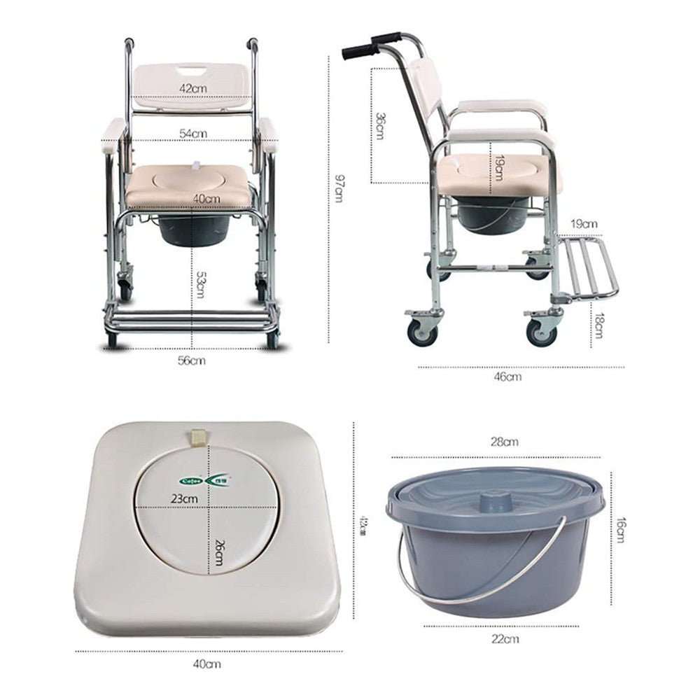 Mobile shower toilet commode chair with aluminum frame and wheels