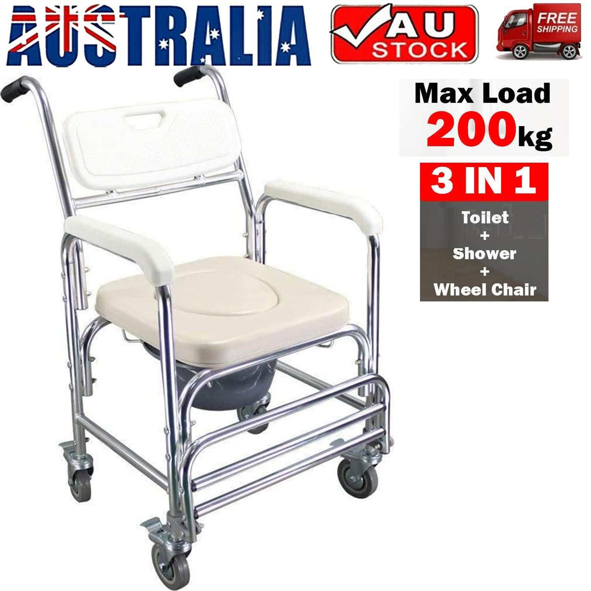 Mobile shower toilet commode chair with aluminum frame, padded seat, and wheels for transport and support