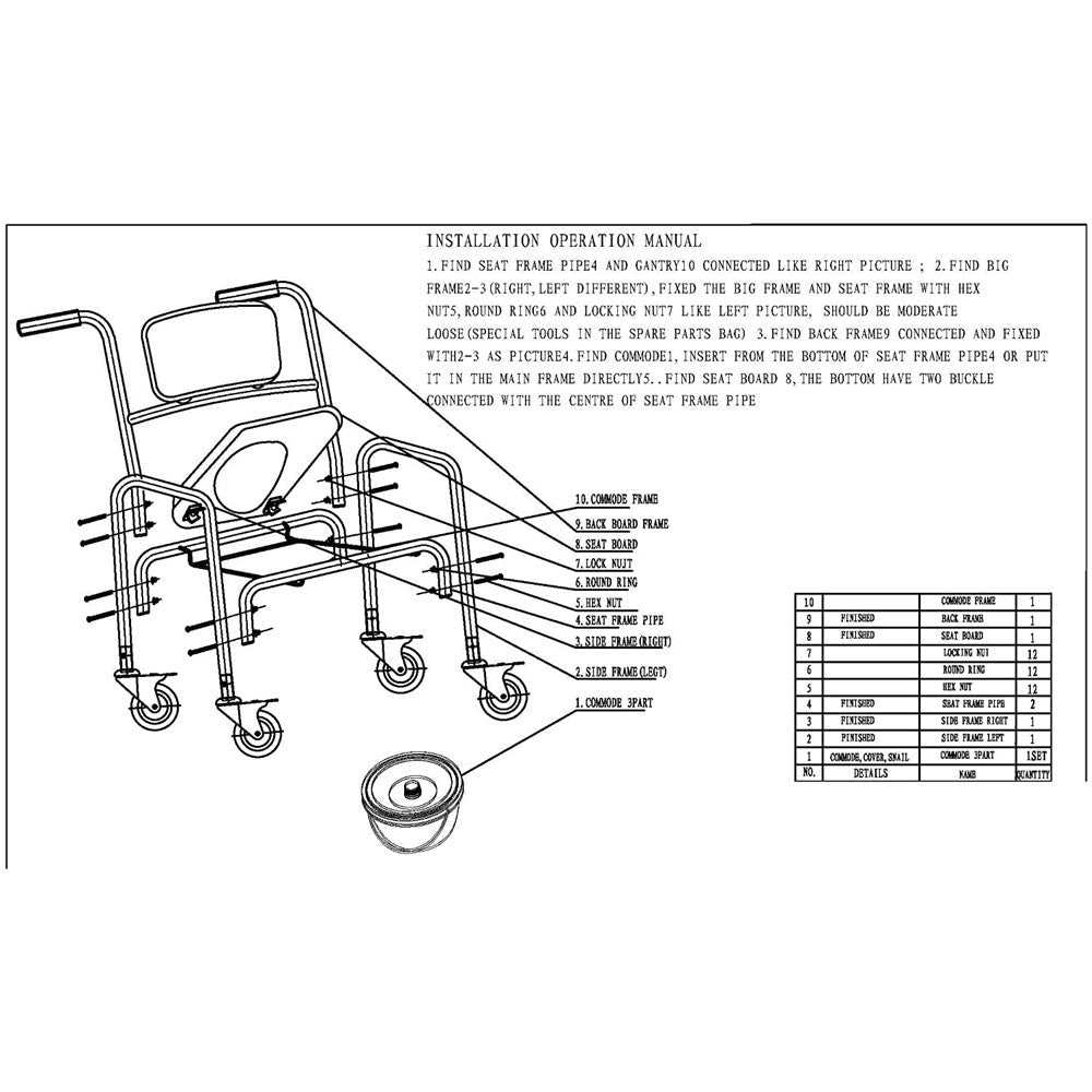 Mobile shower toilet commode chair with aluminum frame, foldable design, padded seat and backrest, and 200kg weight capacity