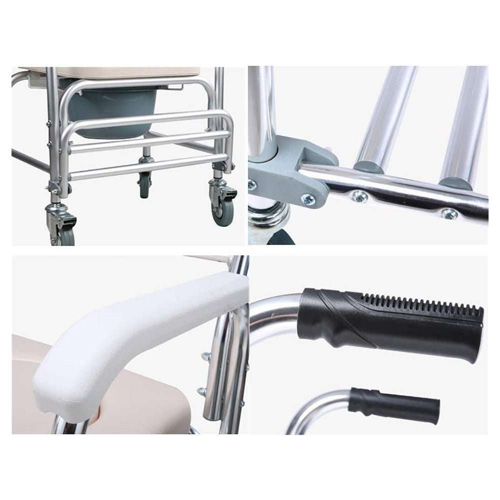 Mobile shower toilet commode chair with aluminum frame, padded seat, footrest, and wheels