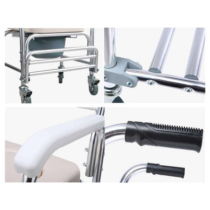 Mobile shower toilet commode chair with aluminum frame, padded seat, footrest, and wheels