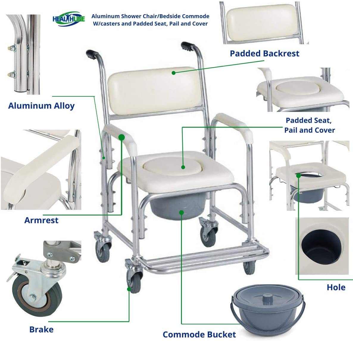 Mobile shower toilet commode chair with aluminum frame, padded seat, and wheels for transport and transfer.