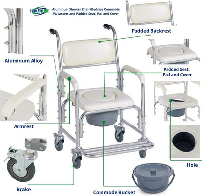 Mobile shower toilet commode chair with aluminum frame, padded seat, and wheels for transport and transfer.