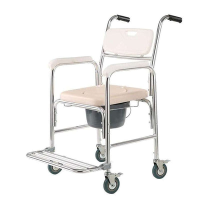 Mobile Shower Toilet Commode Chair with aluminum frame, foldable and padded seat on wheels
