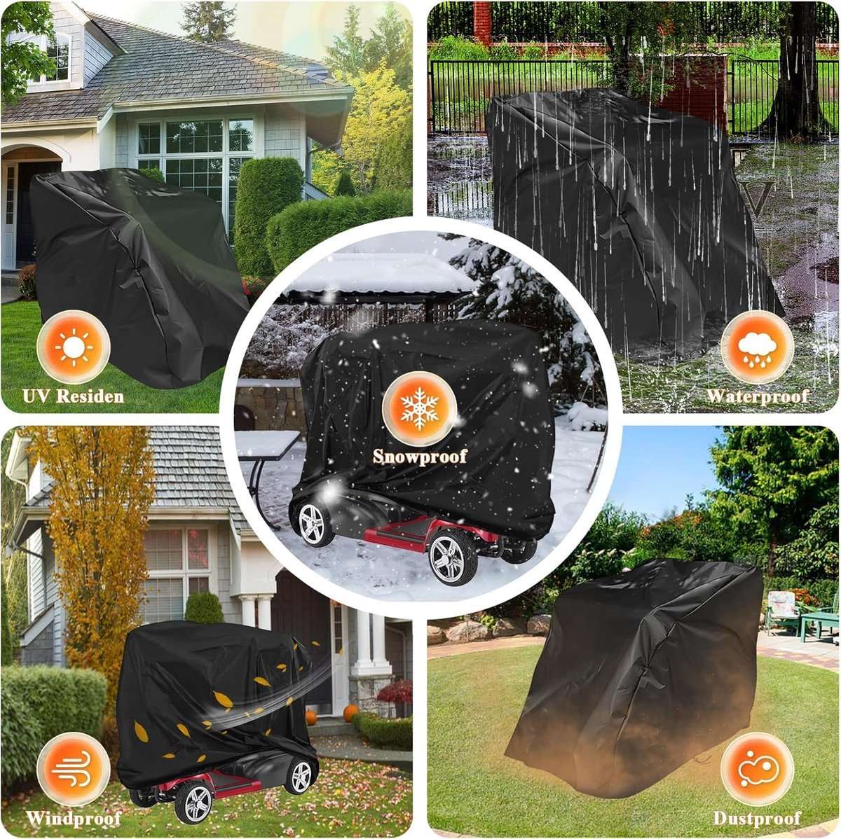 Black waterproof mobility scooter cover with adjustable drawstring, 55x26x36 inches, dustproof and UV resistant
