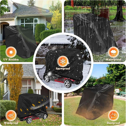 Black waterproof mobility scooter cover with adjustable drawstring, 55x26x36 inches, dustproof and UV resistant