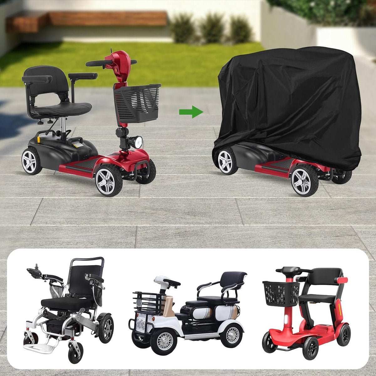 Black waterproof mobility scooter cover with adjustable drawstring, polyester material, 55x26x36 inches