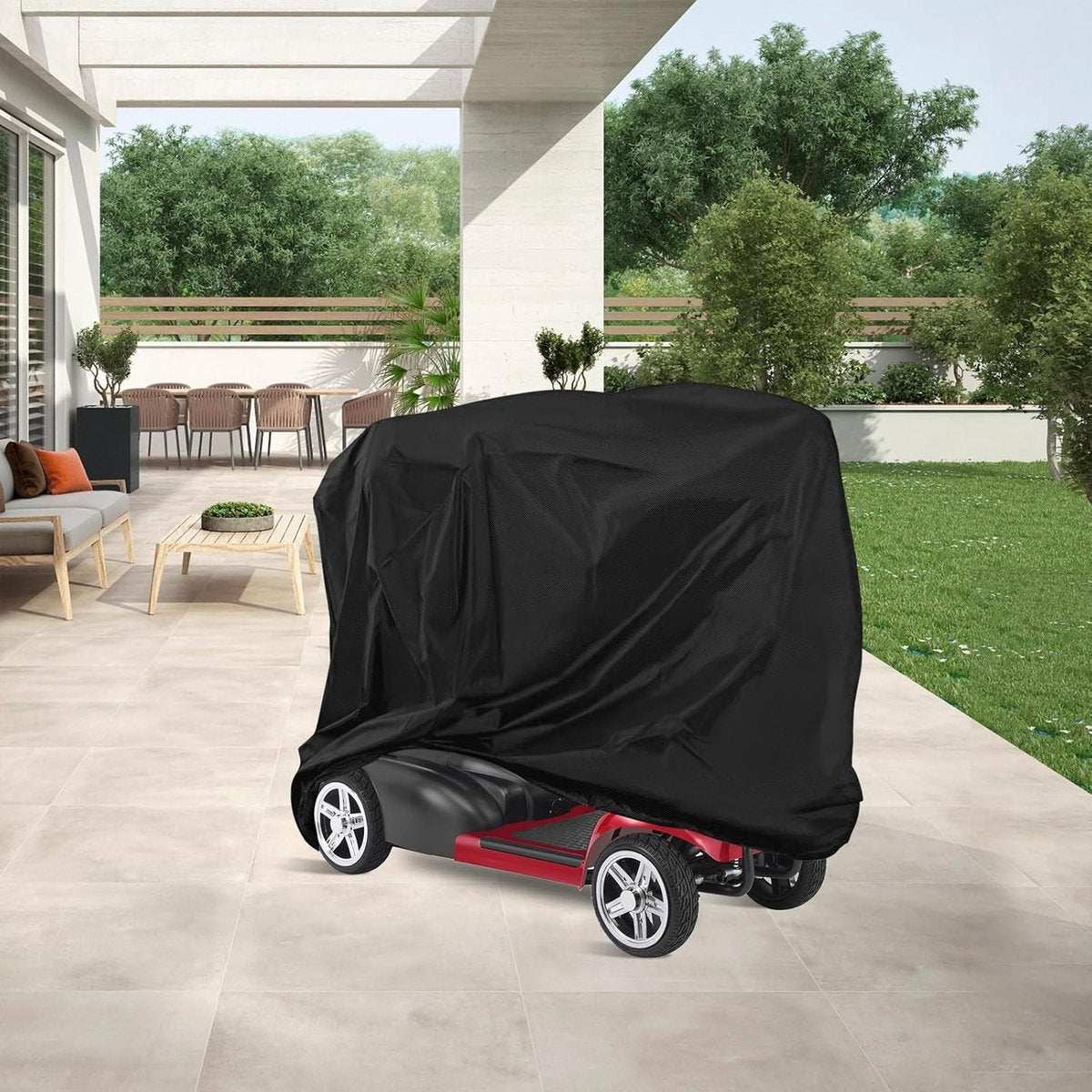 Black waterproof mobility scooter cover with adjustable drawstring, 55x26x36 inches, UV-resistant and tear-proof