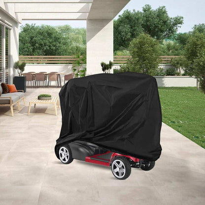 Black waterproof mobility scooter cover with adjustable drawstring, 55x26x36 inches, UV-resistant and tear-proof