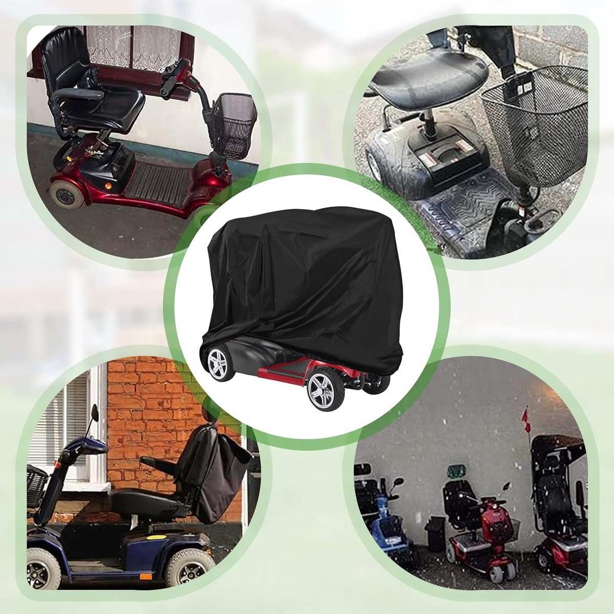 Black waterproof mobility scooter cover with adjustable drawstring, 55x26x36 inches, UV resistant and tear-proof polyester