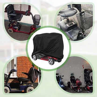 Black waterproof mobility scooter cover with adjustable drawstring, 55x26x36 inches, UV resistant and tear-proof polyester