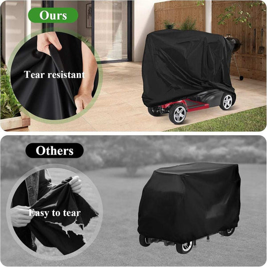 Black waterproof mobility scooter cover with adjustable drawstring, protecting scooter from UV, rain, dust, and snow, 55"x26"x36"