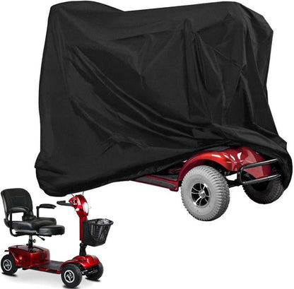 Black waterproof mobility scooter cover with adjustable drawstring, 55x26x36 inches, UV and weather-resistant polyester material