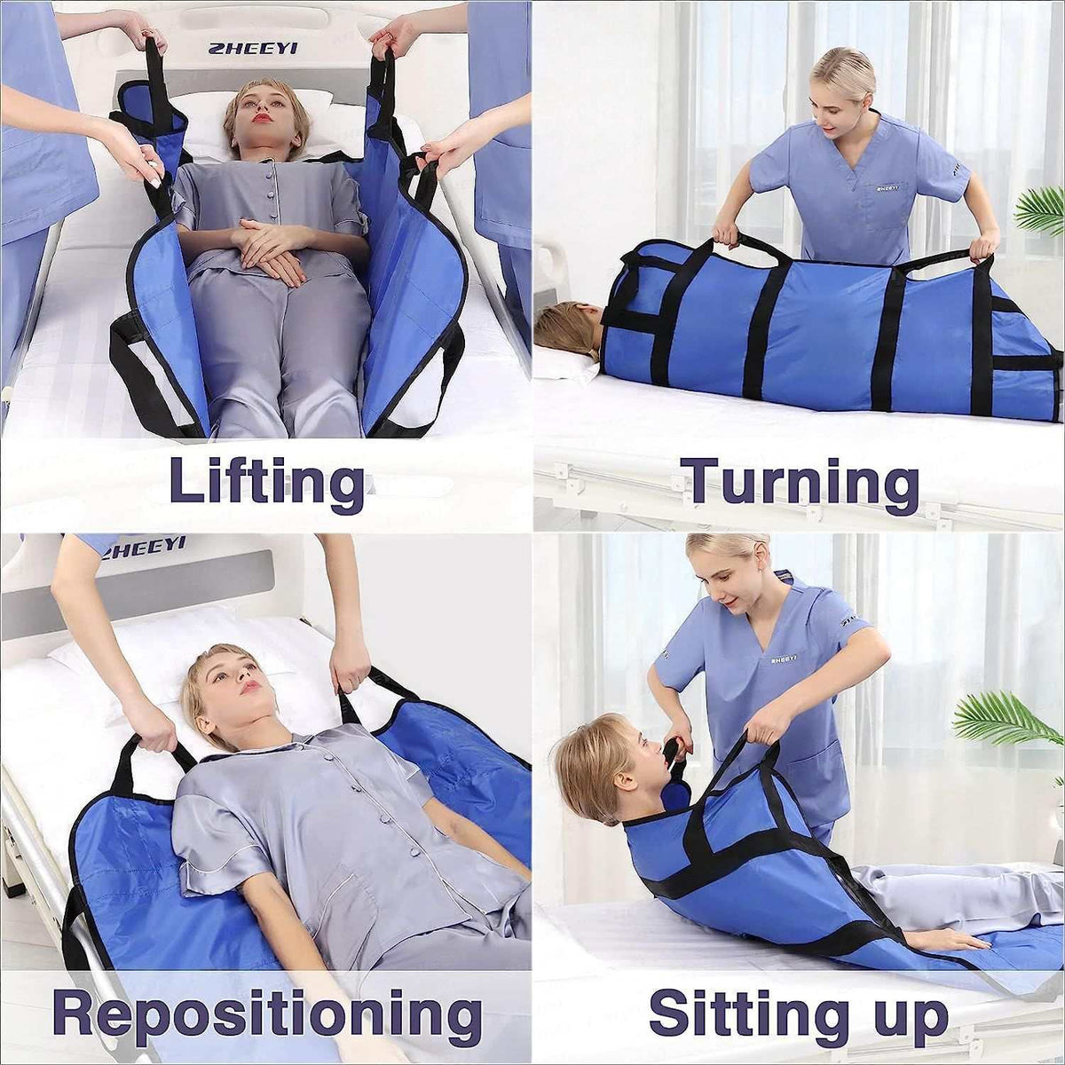 Multipurpose 48x40 inch blue positioning bed pad with reinforced handles for lifting and repositioning, double-sided waterproof nylon fabric, reusable and washable transfer sheet