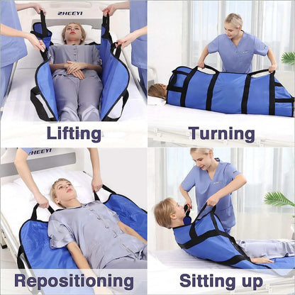 Multipurpose 48x40 inch blue positioning bed pad with reinforced handles for lifting and repositioning, double-sided waterproof nylon fabric, reusable and washable transfer sheet