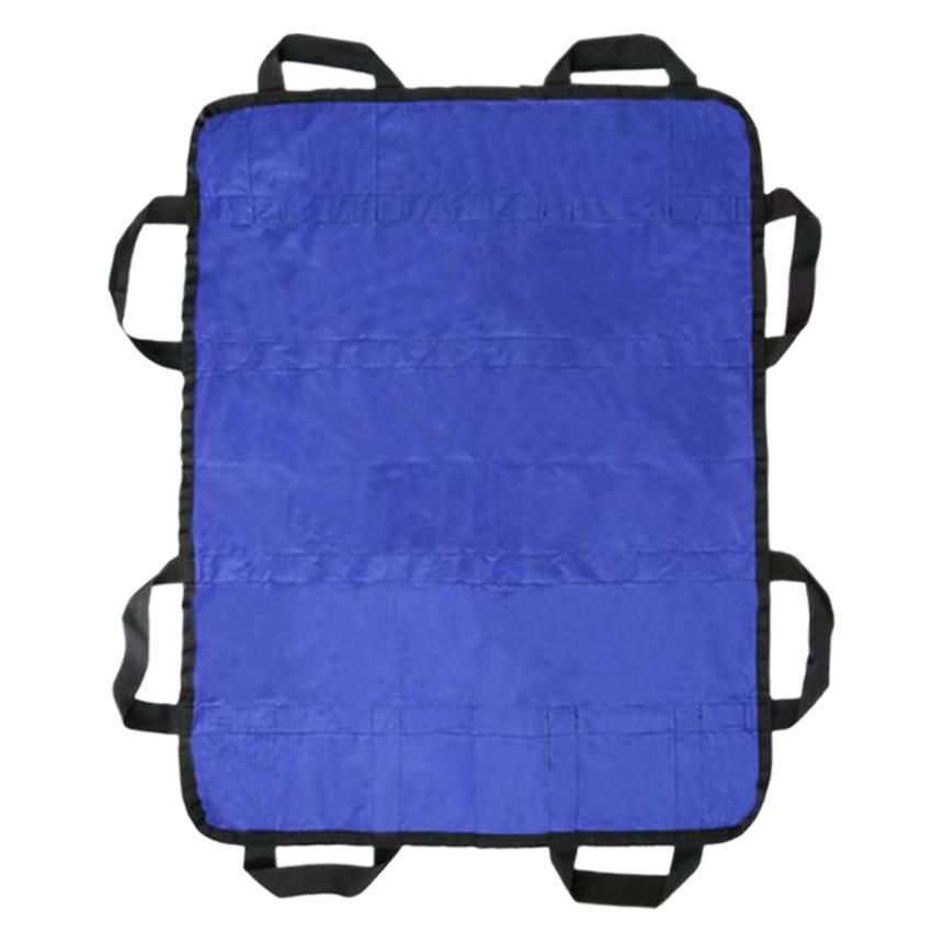 Multipurpose 48x40 inch blue positioning bed pad with reinforced handles for lifting and repositioning, double-sided waterproof nylon fabric, reusable and washable transfer sheet