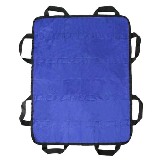 Multipurpose 48x40 inch blue positioning bed pad with reinforced handles for lifting and repositioning, double-sided waterproof nylon fabric, reusable and washable transfer sheet