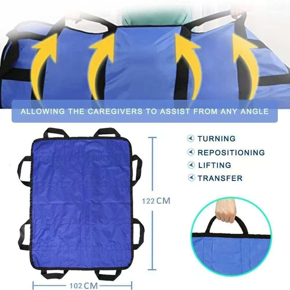Multipurpose 48" x 40" blue positioning bed pad with reinforced handles for safe transfer and repositioning