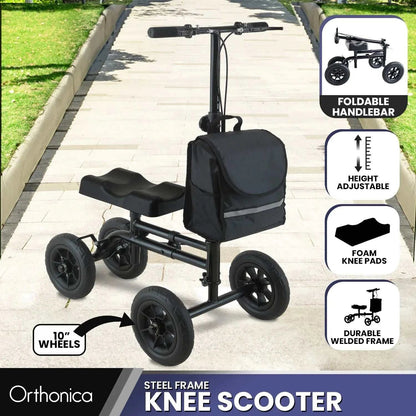 Orthonica Foldable Steel Knee Scooter Mobility Walker with 10-Inch Wheels Height Adjustable Storage Bag 136kg - Oz Mobility Store