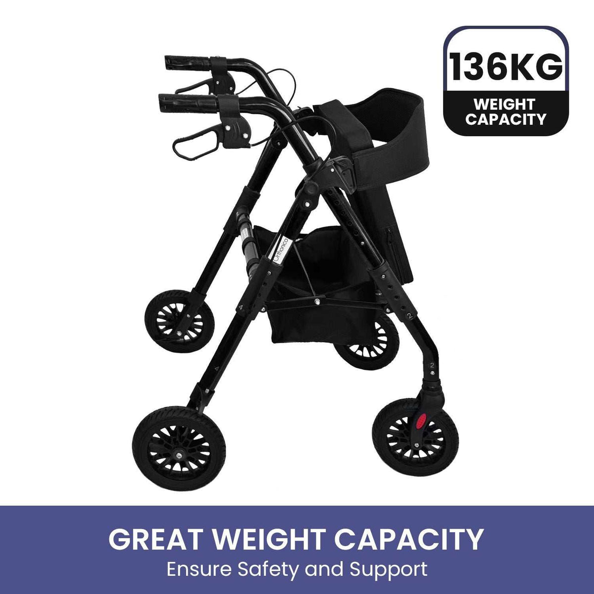 Orthonica Foldable Steel Rollator Walker with Adjustable Seat, 8 All-Terrain Wheels, Bag - 136kg Capacity - Oz Mobility Store