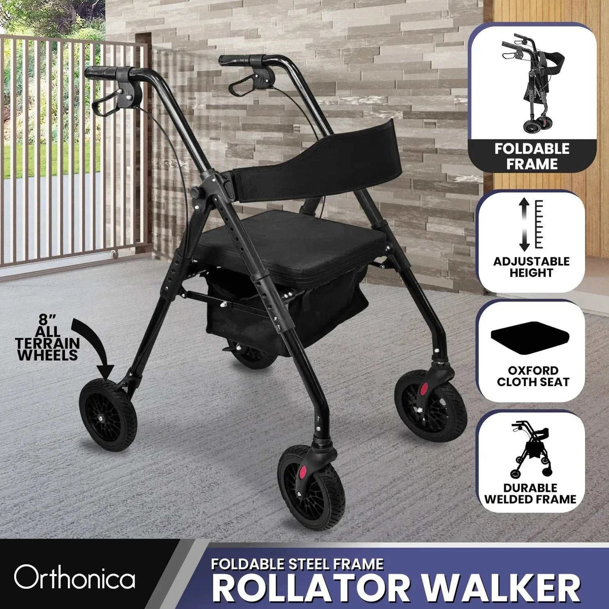 Orthonica Foldable Steel Rollator Walker with Adjustable Seat, 8 All-Terrain Wheels, Bag - 136kg Capacity - Oz Mobility Store
